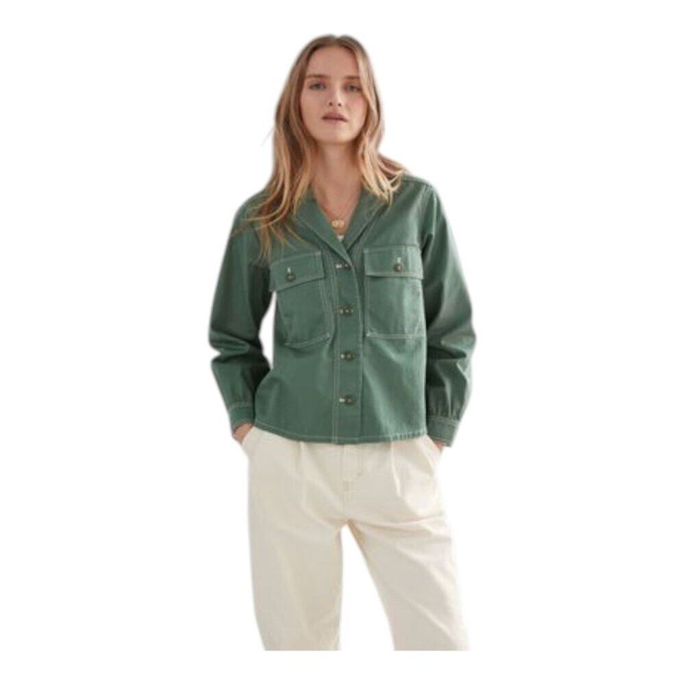 & Other Stories Green Cotton Jacket Blouson Sleeves Chest Pockets Button Up Sz 8